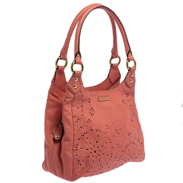Pre Owned Coach Pink Leather Floral Laser Cut Hobo