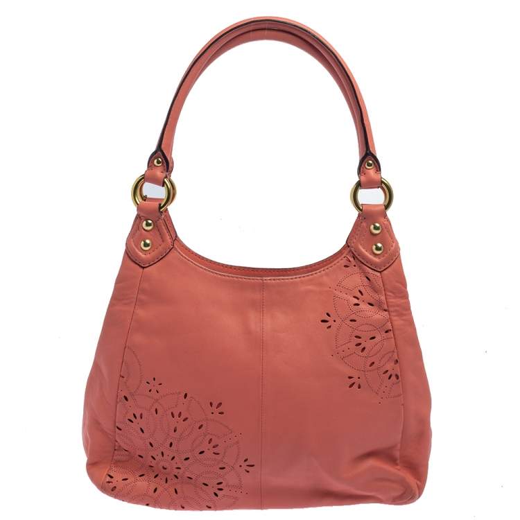 Pre Owned Coach Pink Leather Floral Laser Cut Hobo
