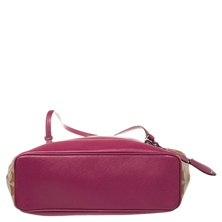 Coach Beige/Fuchsia Signature Coated Canvas and Leather Peyton Zip Tote 