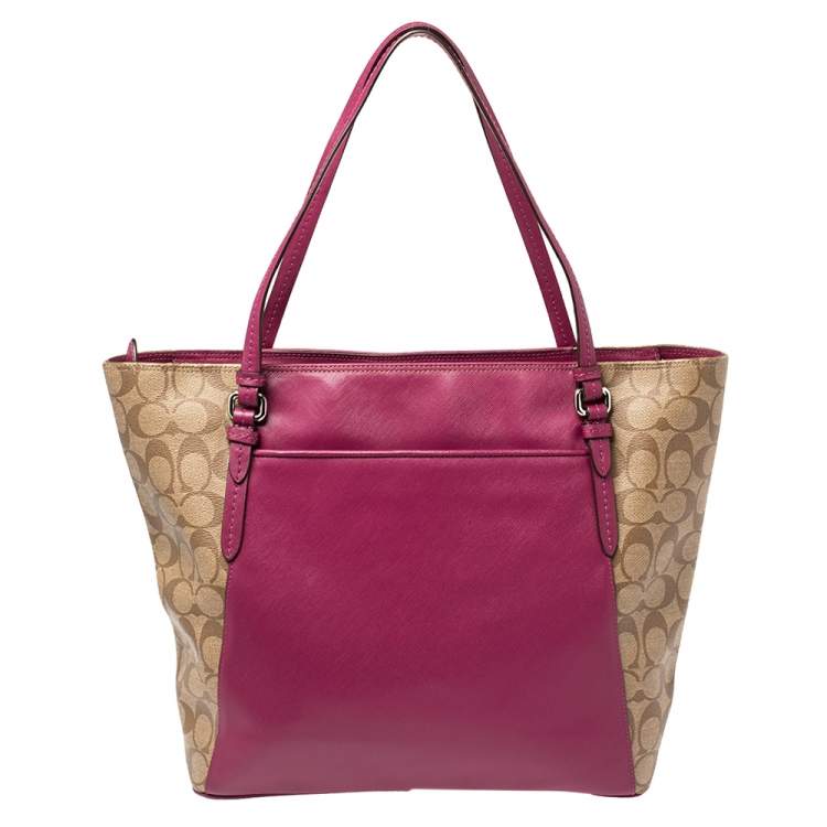 Coach Beige/Fuchsia Signature Coated Canvas and Leather Peyton Zip Tote 