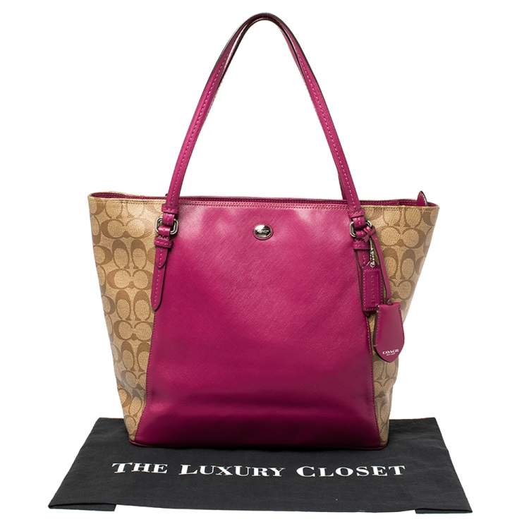 Coach Beige/Fuchsia Signature Coated Canvas and Leather Peyton Zip Tote 