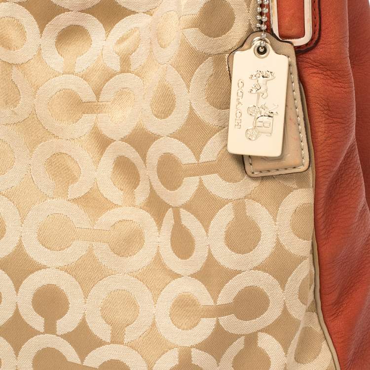 Pre Owned Coach Burnt Orange/Beige Signature Canvas and Leather Edie Shoulder Bag
