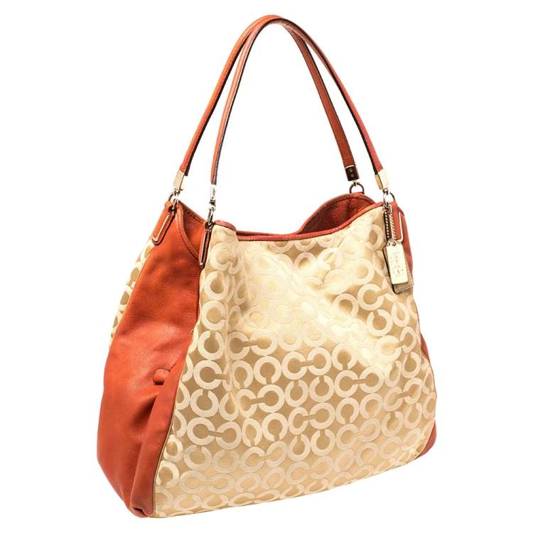 Pre Owned Coach Burnt Orange/Beige Signature Canvas and Leather Edie Shoulder Bag