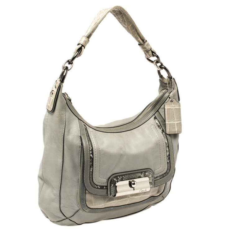 Pre Owned Coach Grey Python and Croc Embossed and Leather Kristin Hobo