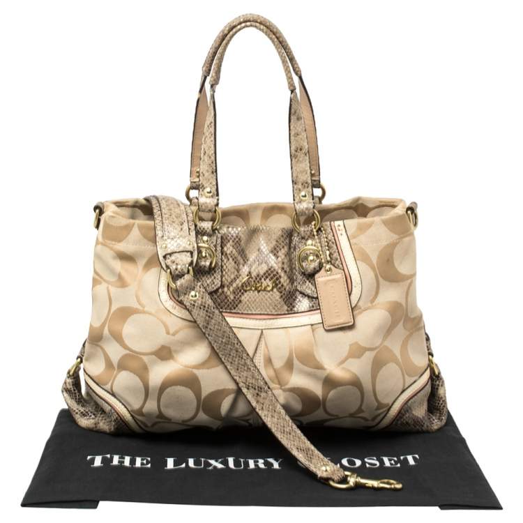 Pre Owned Coach Beige Signature Canvas And Python Embossed Leather Ashley Tote