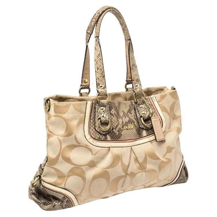 Pre Owned Coach Beige Signature Canvas And Python Embossed Leather Ashley Tote