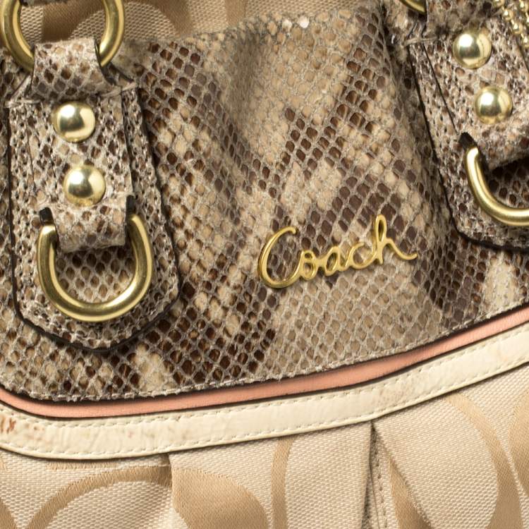 Pre Owned Coach Beige Signature Canvas And Python Embossed Leather Ashley Tote