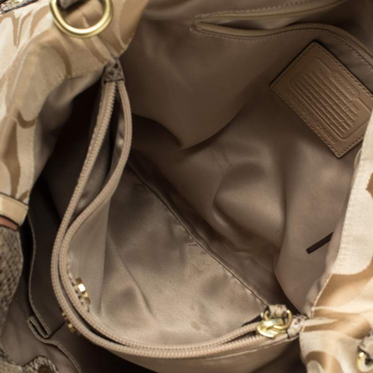 Pre Owned Coach Beige Signature Canvas And Python Embossed Leather Ashley Tote