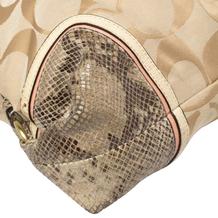 Pre Owned Coach Beige Signature Canvas And Python Embossed Leather Ashley Tote