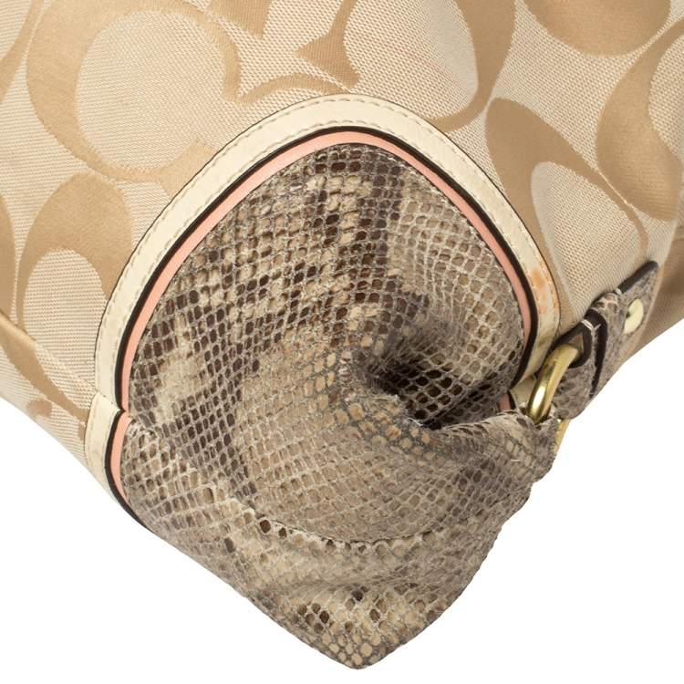 Pre Owned Coach Beige Signature Canvas And Python Embossed Leather Ashley Tote