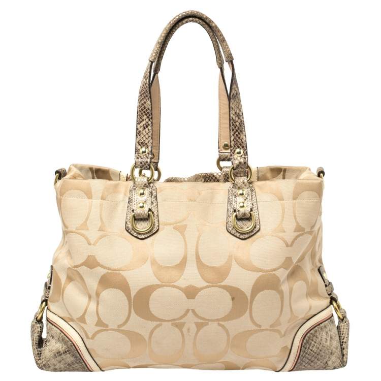 Pre Owned Coach Beige Signature Canvas And Python Embossed Leather Ashley Tote