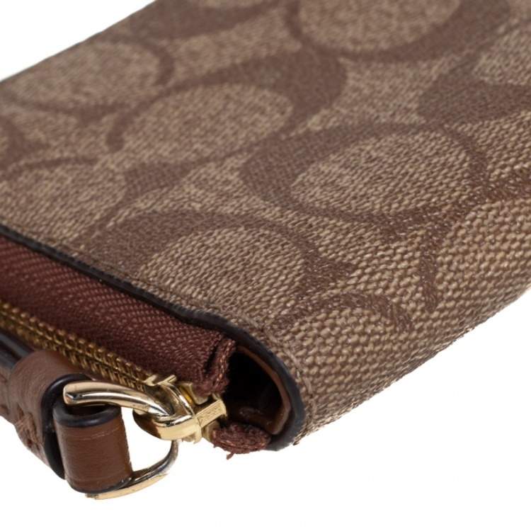 Pre Owned Coach Brown Signature Coated Canvas Wristlet Wallet