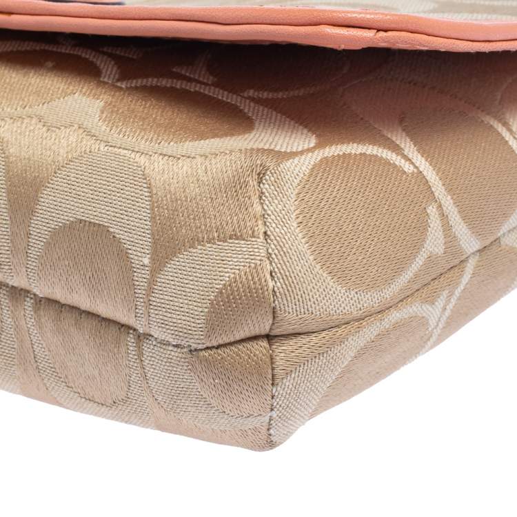 Pre Owned Coach Beige/Orange Signature Canvas and Leather Wristlet Clutch  