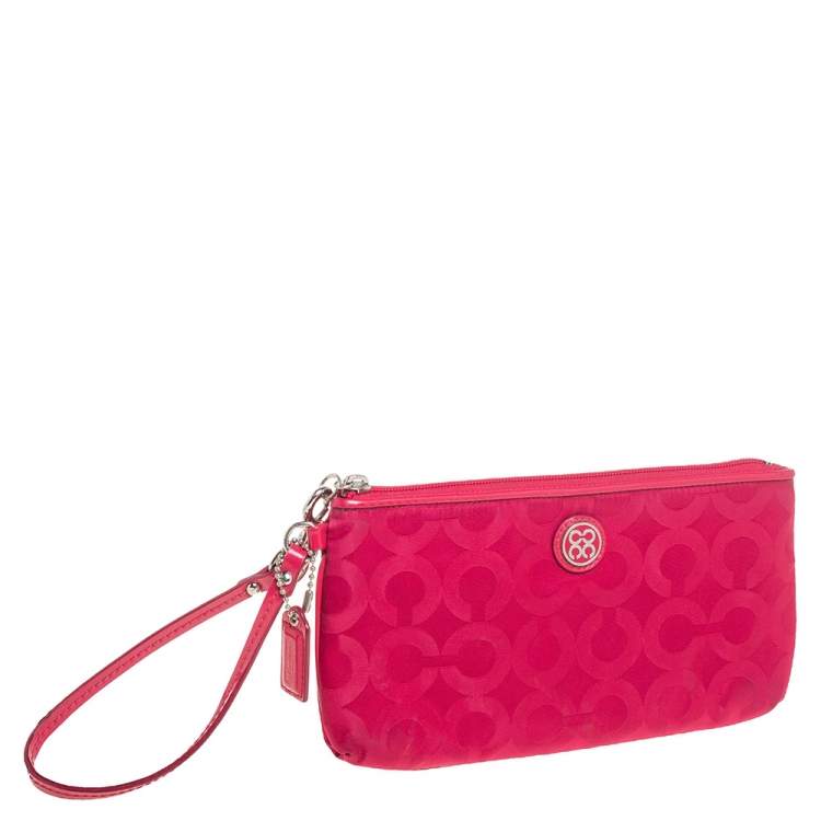 Pre Owned Coach Fuchsia Signature Nylon Wristlet Pochette 