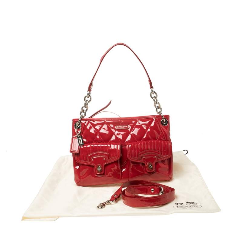 Pre Owned Coach Red Quilted Patent Leather Hippie Pocket Top Handle Bag