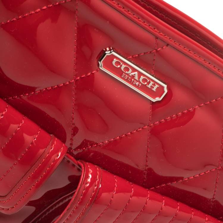 Pre Owned Coach Red Quilted Patent Leather Hippie Pocket Top Handle Bag