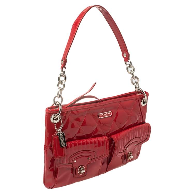 Pre Owned Coach Red Quilted Patent Leather Hippie Pocket Top Handle Bag