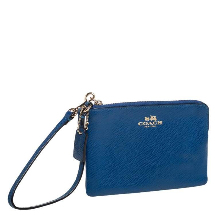 Pre Owned Coach Blue Leather Zip Wristlet Wallet