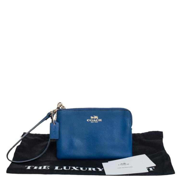 Pre Owned Coach Blue Leather Zip Wristlet Wallet