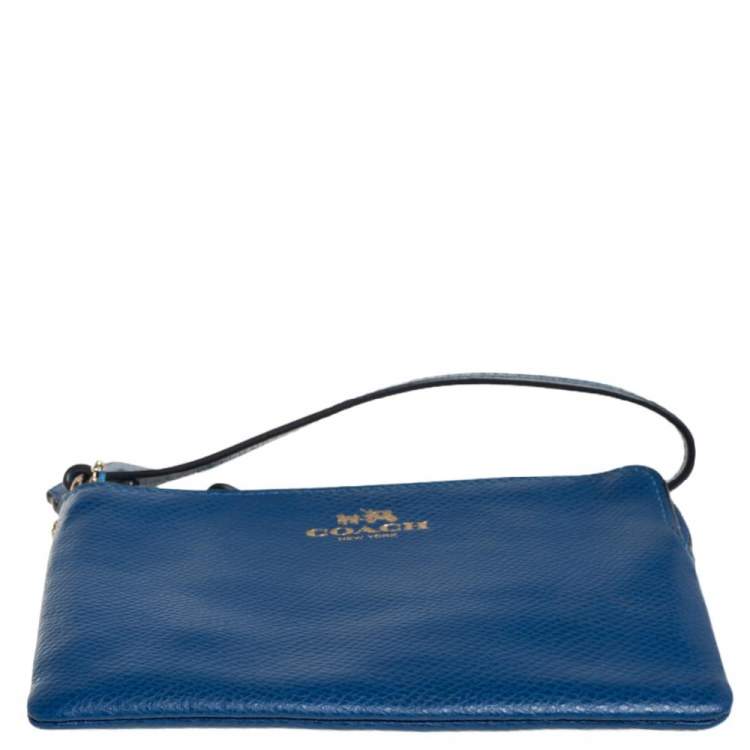 Pre Owned Coach Blue Leather Zip Wristlet Wallet