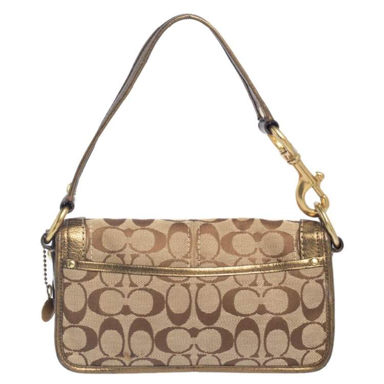 Pre Owned Coach Brown/Gold Leather And Monogram Canvas Shoulder Bag