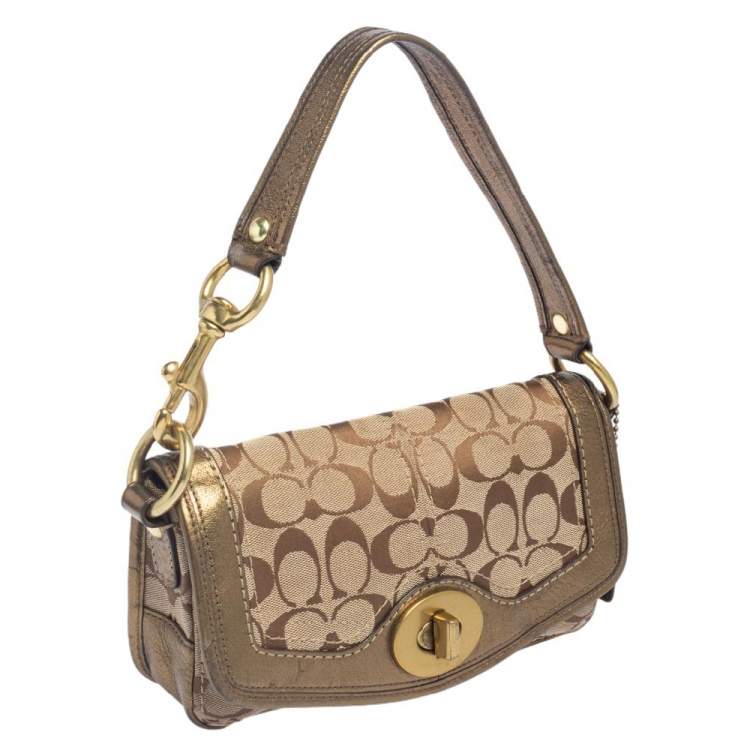 Pre Owned Coach Brown/Gold Leather And Monogram Canvas Shoulder Bag