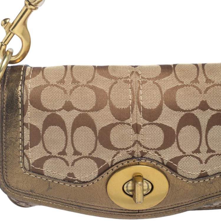 Pre Owned Coach Brown/Gold Leather And Monogram Canvas Shoulder Bag