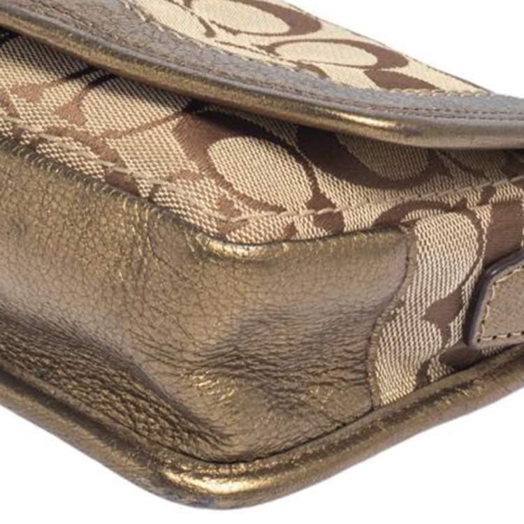 Pre Owned Coach Brown/Gold Leather And Monogram Canvas Shoulder Bag