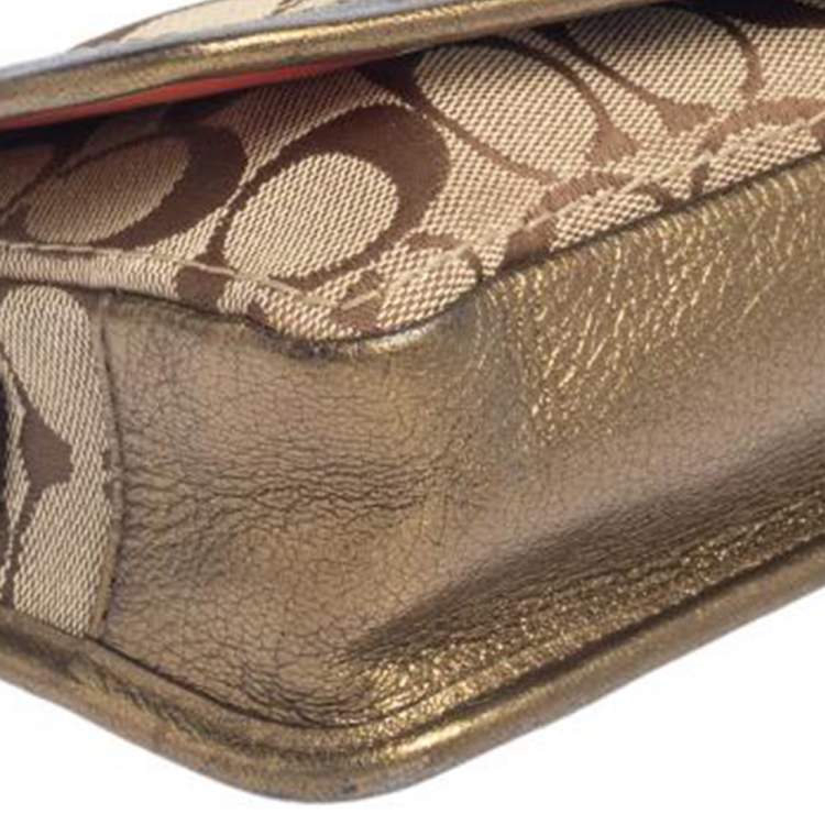 Pre Owned Coach Brown/Gold Leather And Monogram Canvas Shoulder Bag
