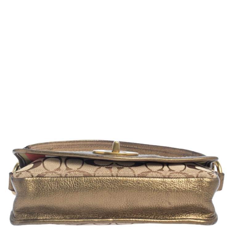 Pre Owned Coach Brown/Gold Leather And Monogram Canvas Shoulder Bag