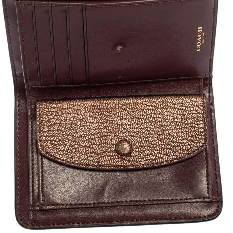 Pre Owned Coach Burgundy/Metallic Leather Trifold Wallet