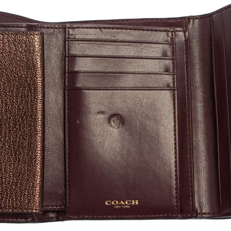 Pre Owned Coach Burgundy/Metallic Leather Trifold Wallet