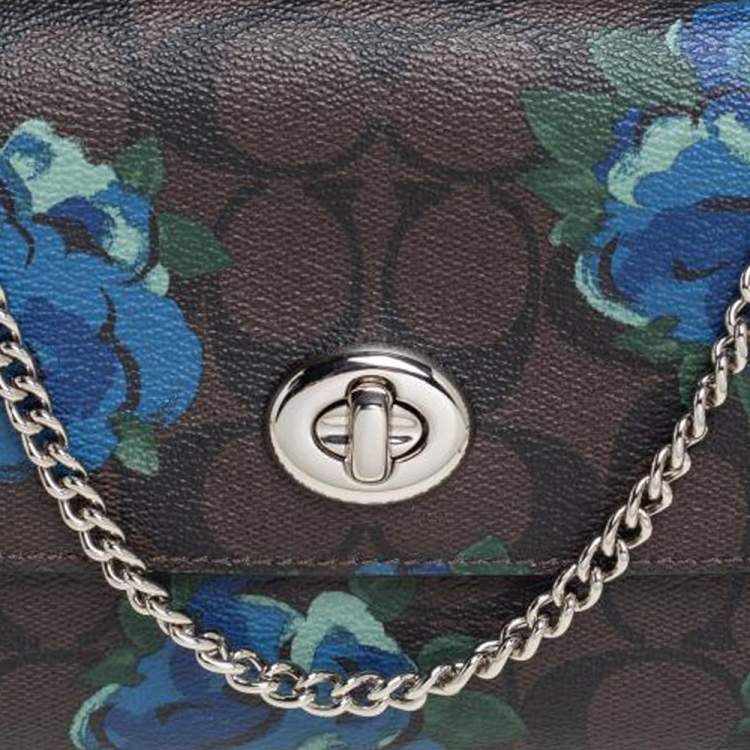 Pre Owned Coach Brown Signature Floral Print Coated Canvas and Leather Wallet on Chain 