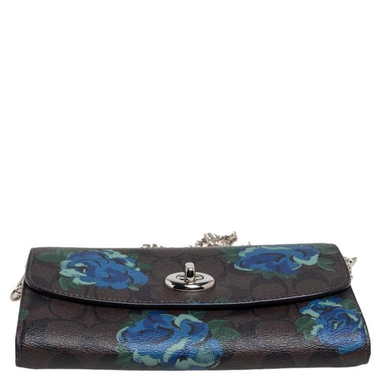 Pre Owned Coach Brown Signature Floral Print Coated Canvas and Leather Wallet on Chain 