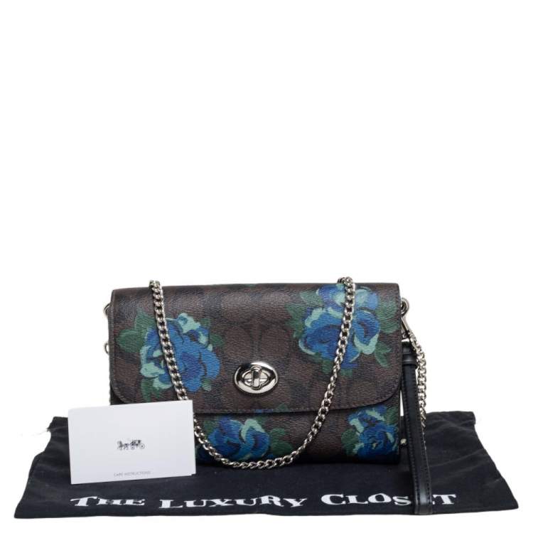 Pre Owned Coach Brown Signature Floral Print Coated Canvas and Leather Wallet on Chain 