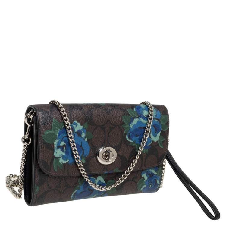 Pre Owned Coach Brown Signature Floral Print Coated Canvas and Leather Wallet on Chain 