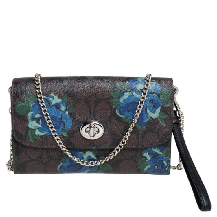 Pre Owned Coach Brown Signature Floral Print Coated Canvas and Leather Wallet on Chain 