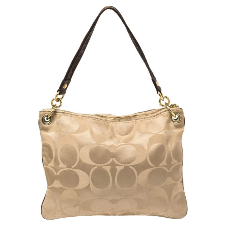 Pre Owned Coach Beige Signature Satin Messenger Bag