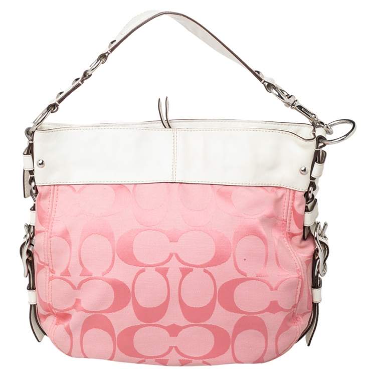 Pre Owned Coach Pink/White Signature Canvas and Leather Hobo