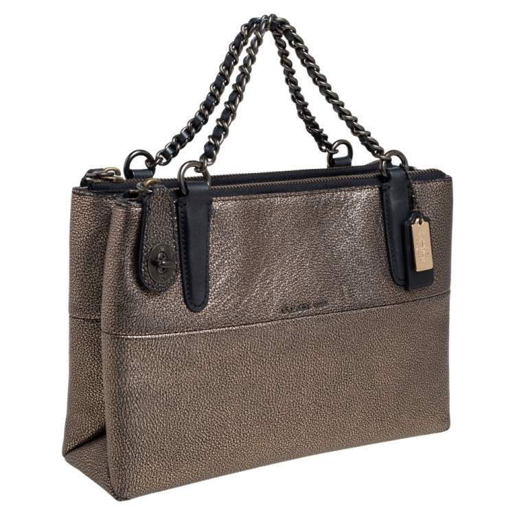 Pre Owned Coach Black/Gold Textured Leather Chain Tote