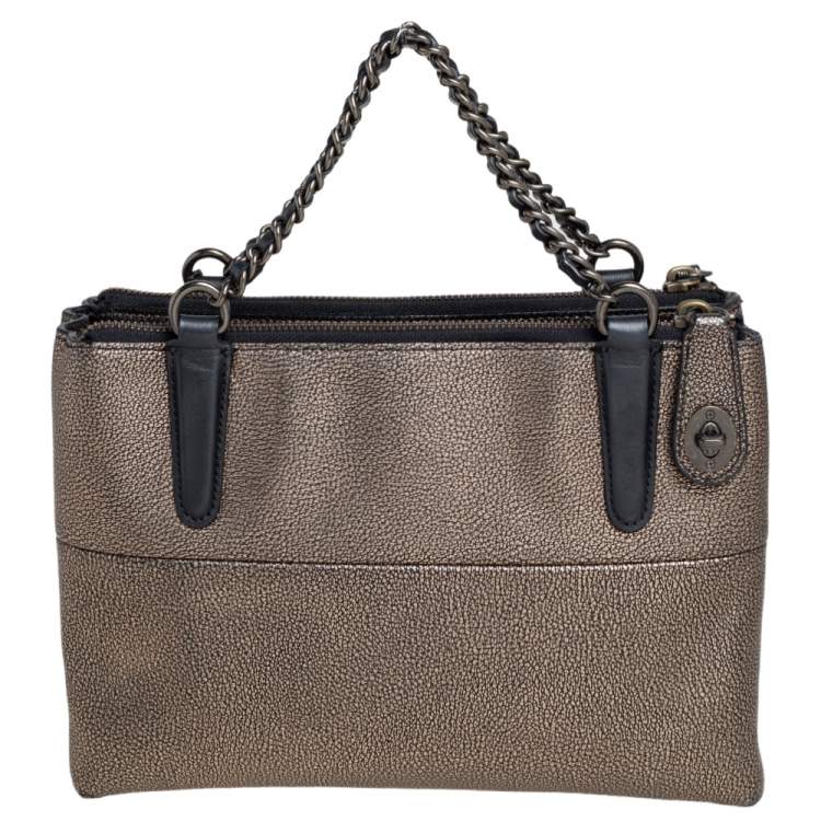 Pre Owned Coach Black/Gold Textured Leather Chain Tote