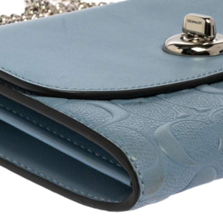 Pre Owned Coach Light Blue Leather Turn Lock Wallet on Chain 