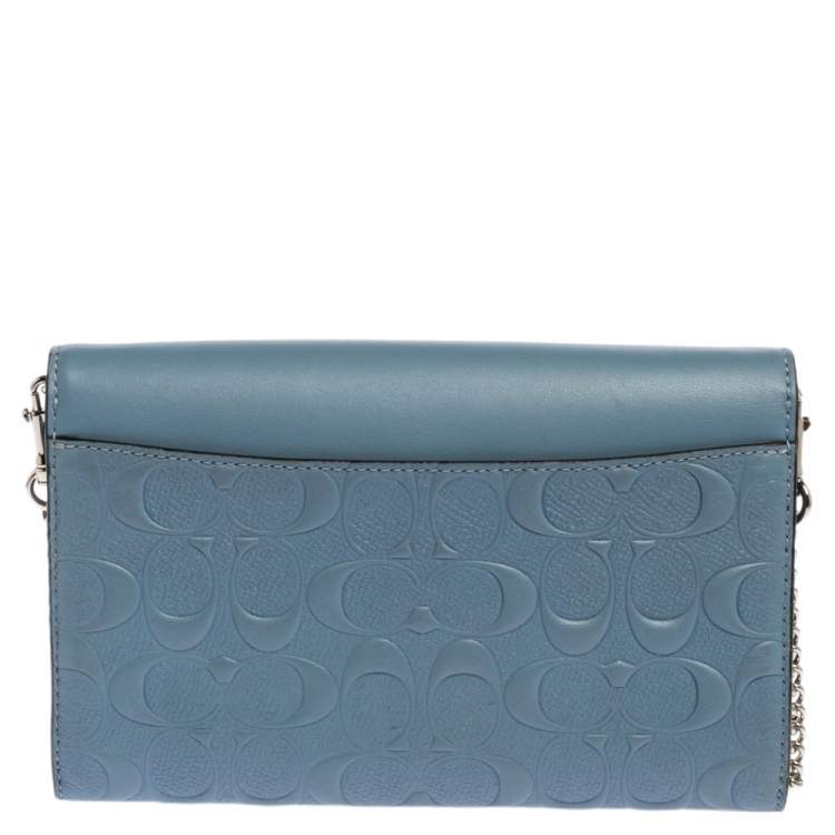 Pre Owned Coach Light Blue Leather Turn Lock Wallet on Chain 