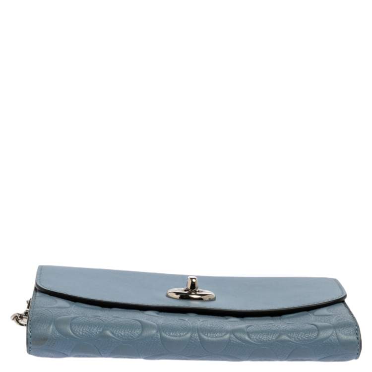Pre Owned Coach Light Blue Leather Turn Lock Wallet on Chain 