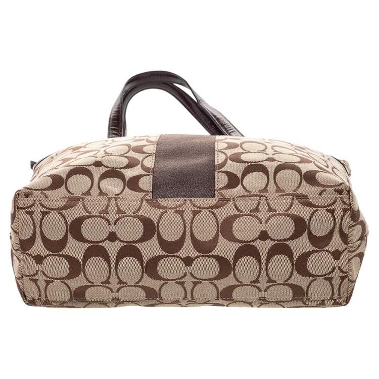 Pre Owned Coach Brown /Beige Canvas And Patent Leather Top Zip Tote