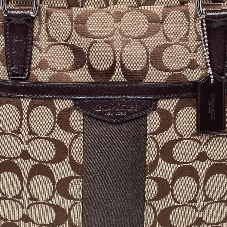Pre Owned Coach Brown /Beige Canvas And Patent Leather Top Zip Tote