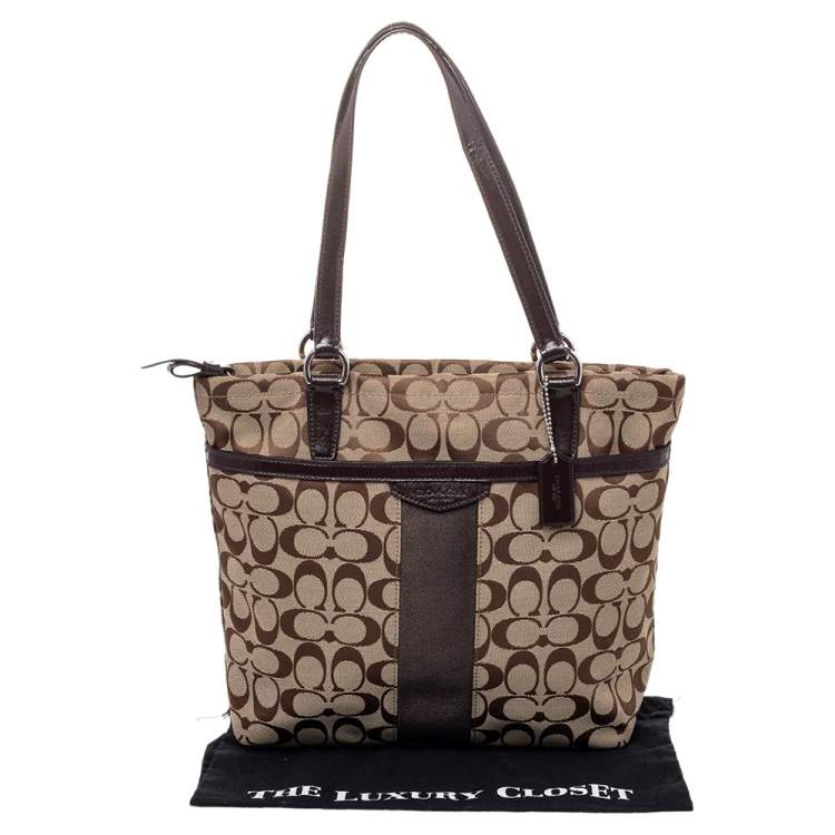 Pre Owned Coach Brown /Beige Canvas And Patent Leather Top Zip Tote