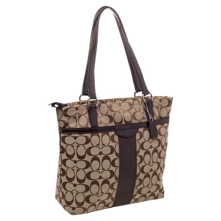 Pre Owned Coach Brown /Beige Canvas And Patent Leather Top Zip Tote