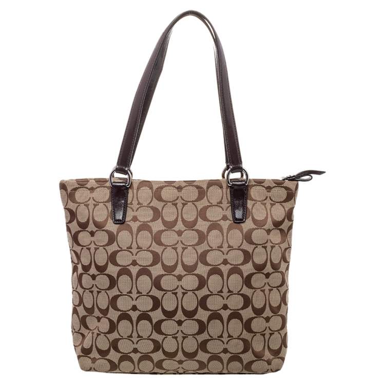 Pre Owned Coach Brown /Beige Canvas And Patent Leather Top Zip Tote