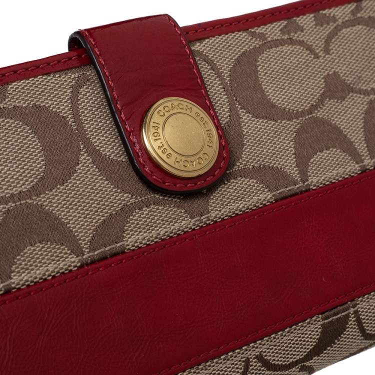 Pre Owned Coach Beige/Red Signature Canvas And Leather Clutch